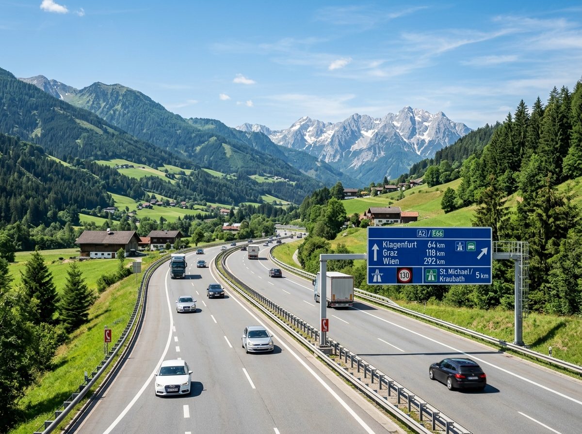 Autobahn in Österreich mit Vignettenhinweisschild